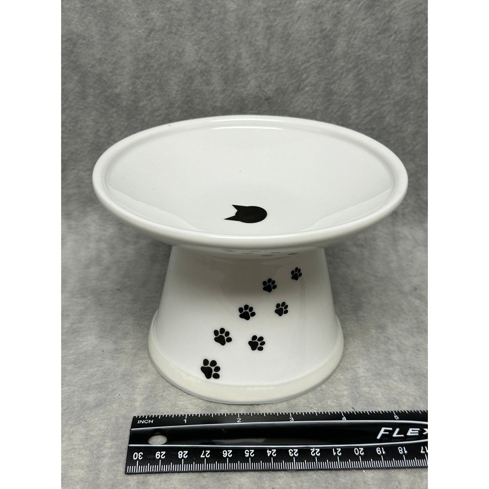 Necoichi Raised Cat‎ Food Bowl White Ceramic Paw Print Happy Dining Kitten